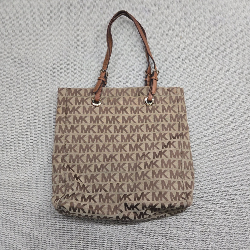 Michael Kors Signature Handbag Tote Purse Brown Leather Handles Jacquard